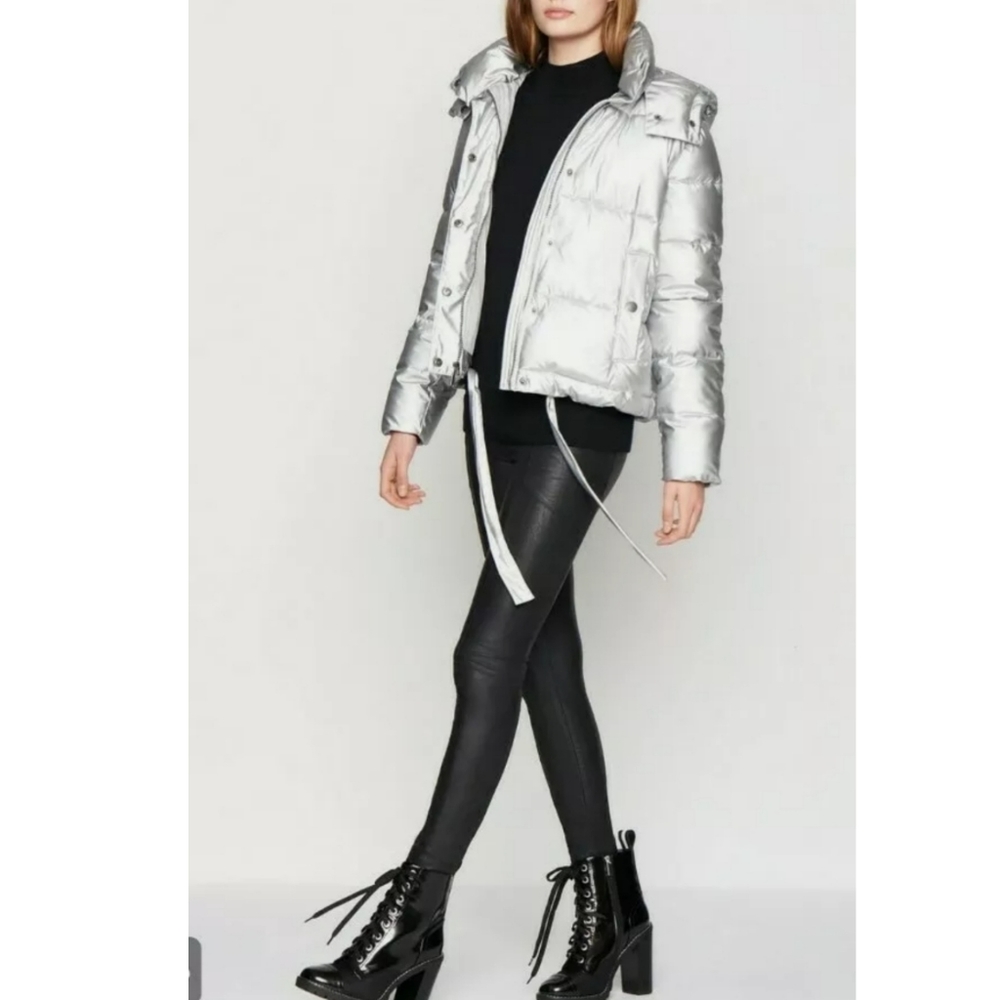 BCBGeneration Hooded Midweight Puffer Jacket Silver/Metalic Color